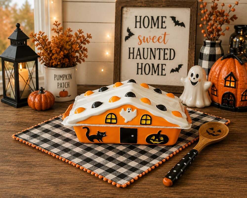 New Orange Ceramic Halloween Haunted House W/ Spreader Party BBQ Kitchen